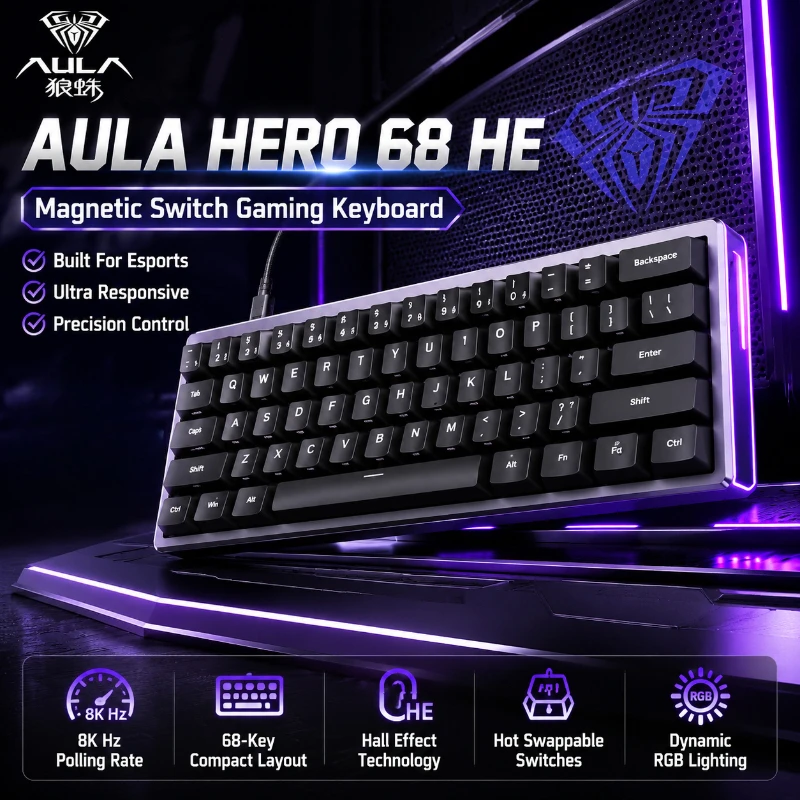 AULA HERO 68 HE Mechanical Keyboard 60 Percent Custom Magnetic Switch Wired Keyboard 8000Hz Polling Rate Rapid Trigger RGB Hot S