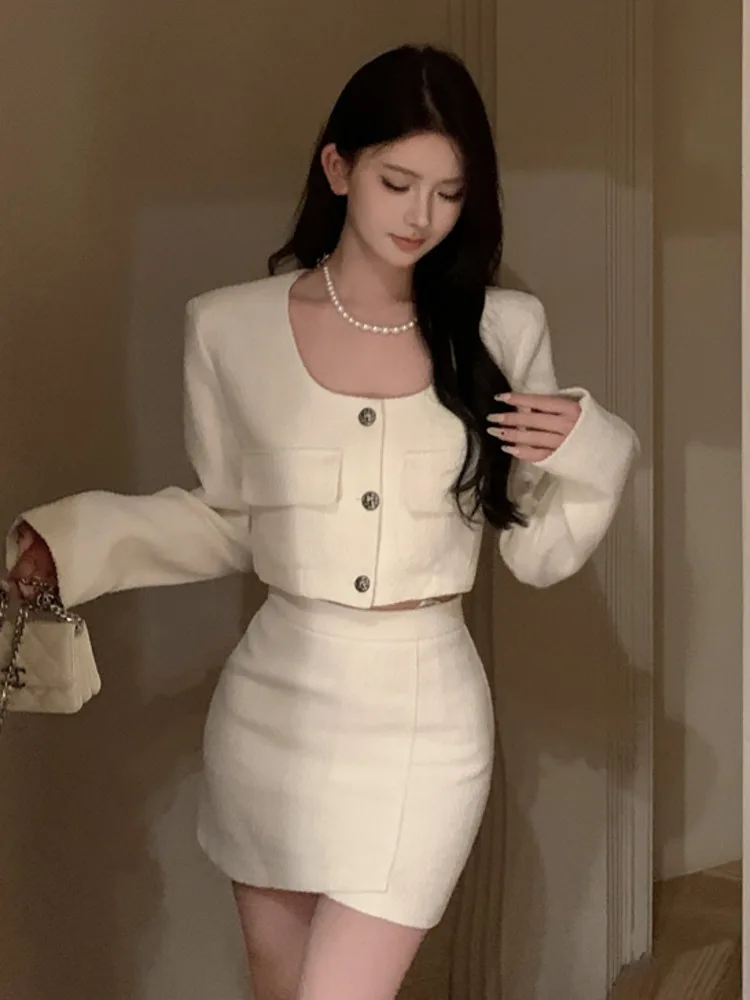 High Quality Small Fragrant Two Piece Set Women Short Jacket Coat + Skirt Suits Korean Elegant Fashion 2 Piece Sets Women Outfit