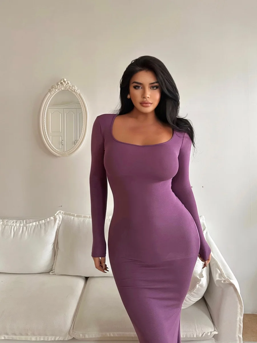 

LA PINKY с высокой талией Fi Tail Dr Long Sve с квадратным воротником, сексуальное облегающее хлопковое платье, весна-осень-зима, женское платье