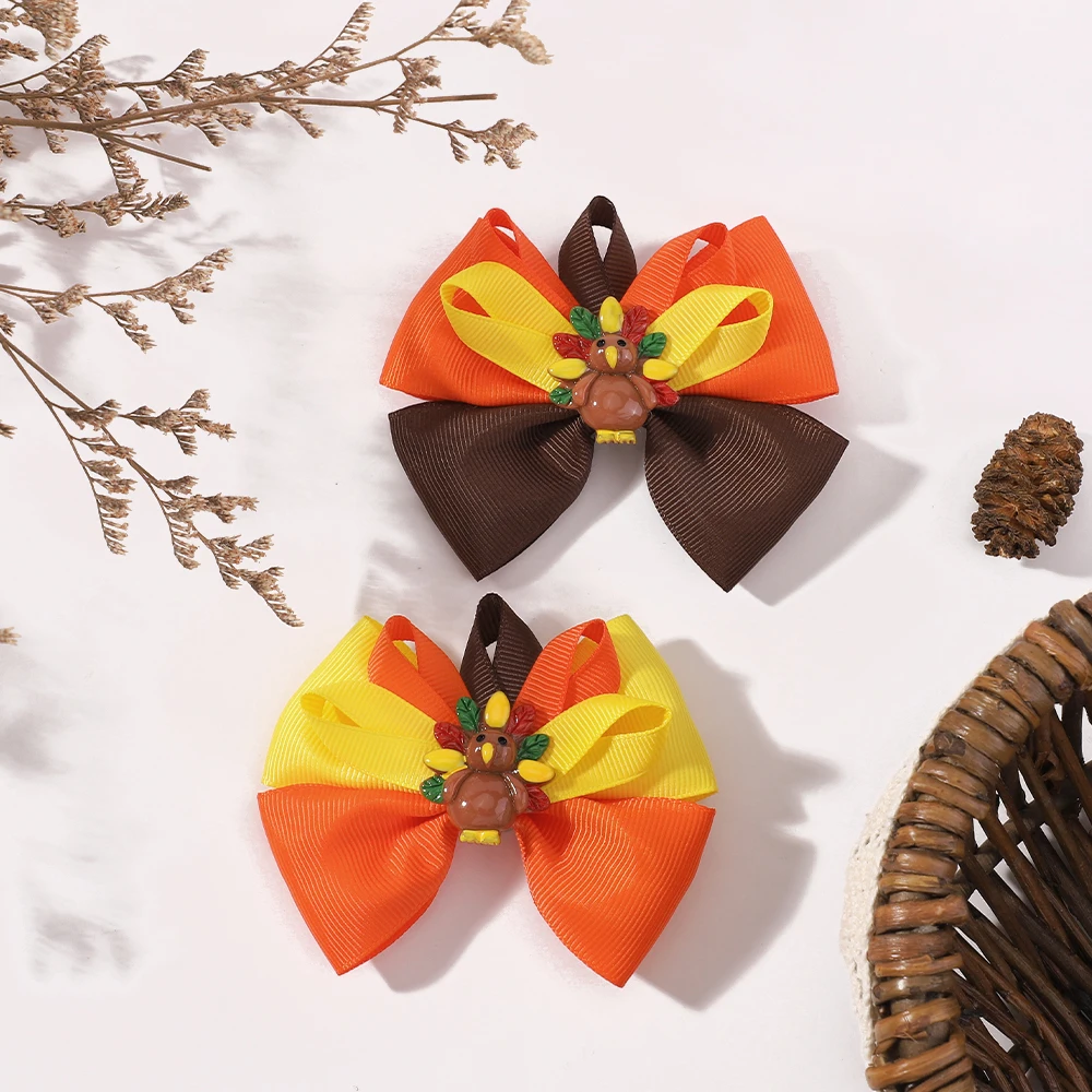 2Pcs Thanksgiving Day Bow Hair Clips for Baby Girls cute Turkey Festive Handmade Hairpin Kids Headwear Hair Accessories gifts
