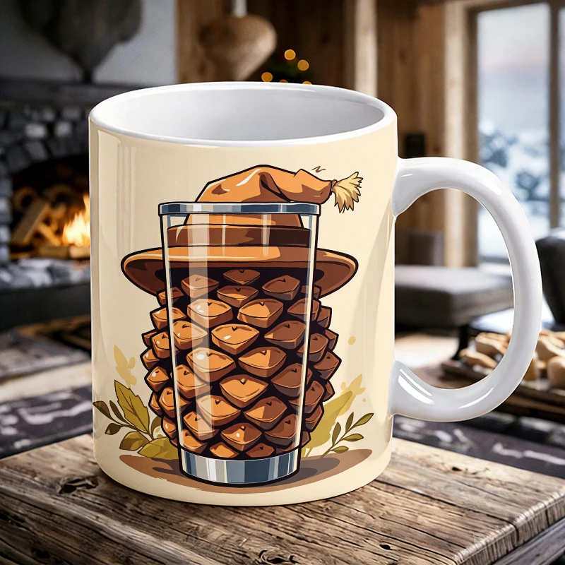 

11 oz Fun Pinecone Handle Ceramic Mug, Full-Print Pattern Coffee Cup, Insulated Milk Cup, Office Water Cup, Fade-Resistant