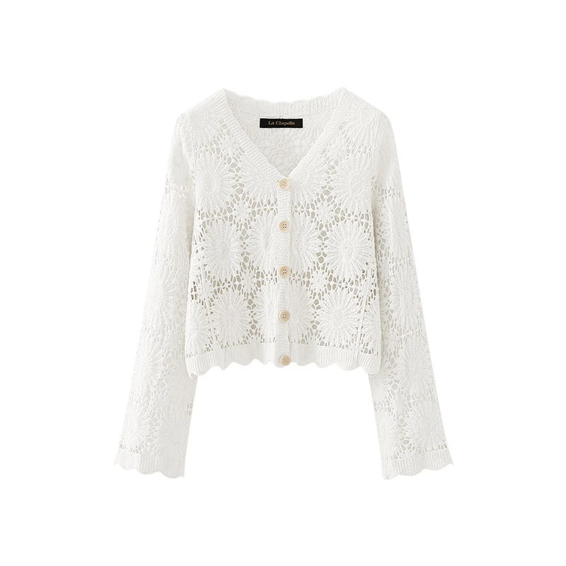 Daisy Embroidery Crochet Top Long Sleeve Button Down V-Neck Sheer Open-knit Blouse Cover Up Women Summer Fairycore Outfit