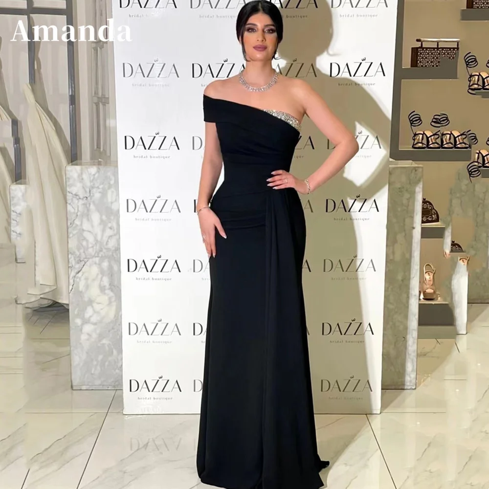 

Amanda Black Mermaid Evening Dresses Matte Silk Prom Dress 2023 Grace One Shoulder Straight Floor Lenght Robe De Soirée