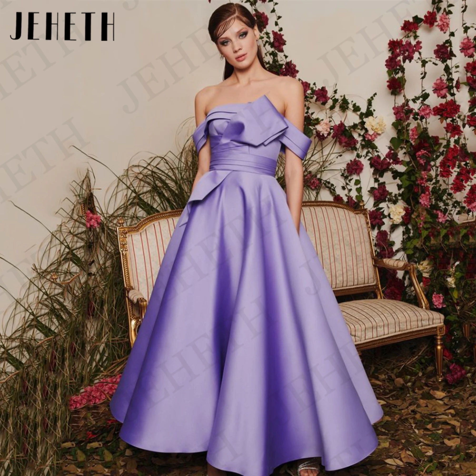 JEHETH Simple Satin Prom Dress Off Shoulder A Line Graduation Dresses Backless Ankle Length Lavender Boat Neck платье вечернее