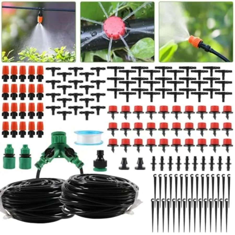 

98FT Drip Irrigation System, Micro Garden Drip Irrigation System with 1/4 inch Tubing and Adjustable Misting Nozzle Sprinkler,