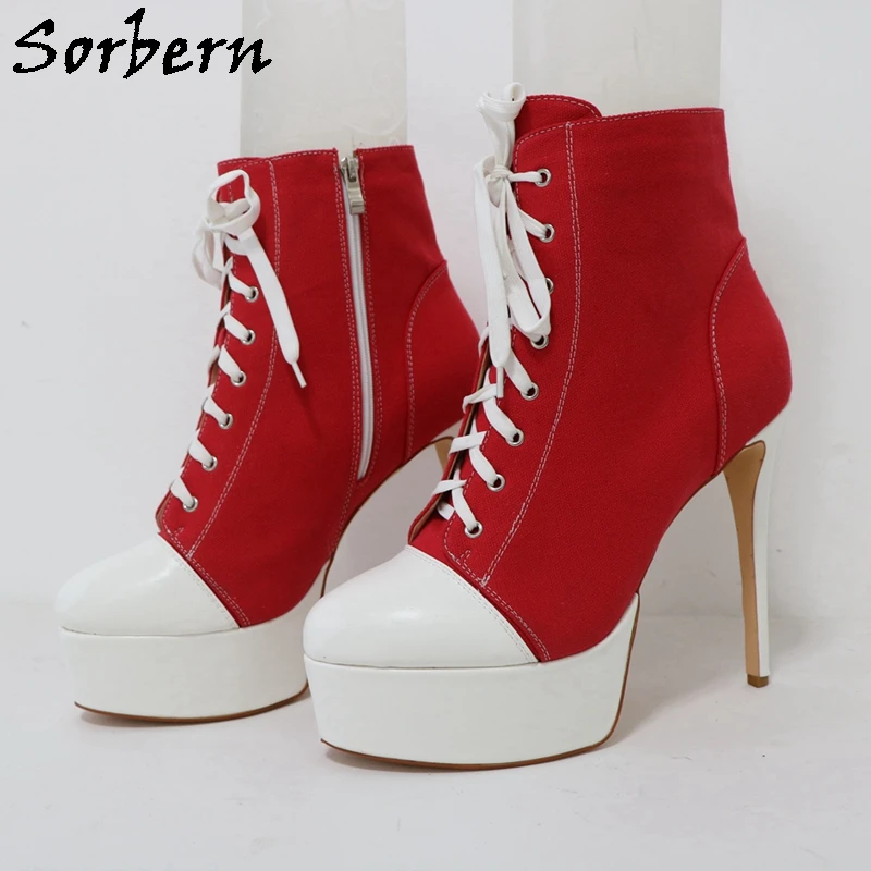 

Sorbern Red Canvas Ankle Boots High Heel Sneakers Platform Shoes Lace Up Customized Size Eu33-Eu48 Unisex Shoes Plus Size