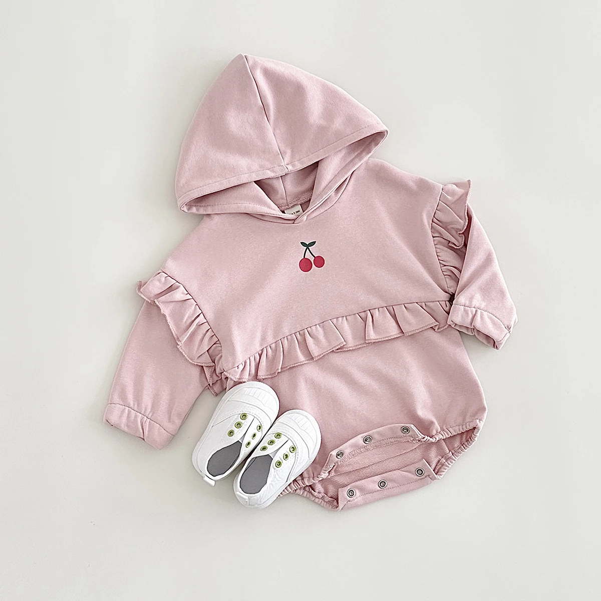 0-18M Infant Baby Clothes Girls Hooded Frill Cherry Print Long Sleeved Jumpsuit Cotton Baby Romper Clothes Toddler Spring