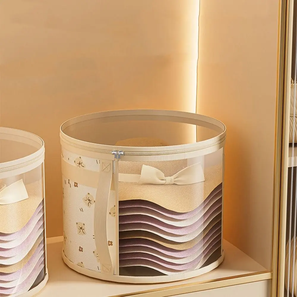 

Non-Woven Fabric Bear Hat Storage Bucket Round Large Capacity Clothing Hat Toy Storage Bag Foldable with Zipper Handle