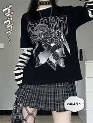Fashion Cartoon Print T-shirts Basic Tee Casual Oversized Patchwork Tops Long Sleeve Fake Two Piece Striped Tshirt Tees Clothing