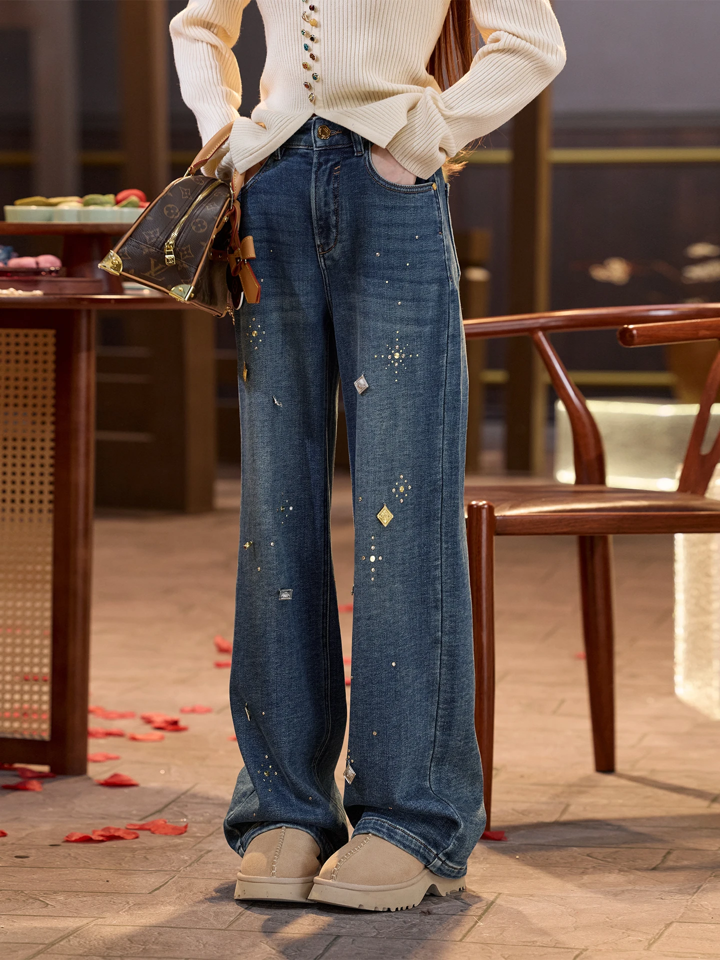 

TUNT Autumn Winter Glitter Collectible Heavy Duty Rhinestone Straight Leg Jeans Women's Casual High Waist Cotton Denim