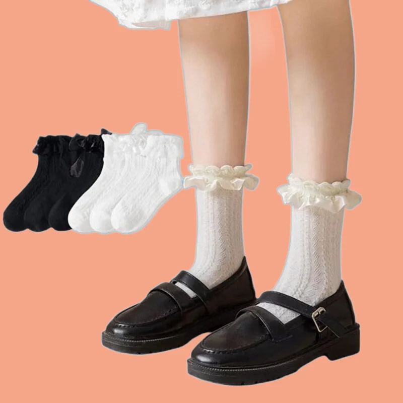 

6 Pairs Summer Woman Socks Solid Black White Lolita Lacework Ruffle Socks Thin Breathable Kawaii Sweet Girls Cute Short Socks