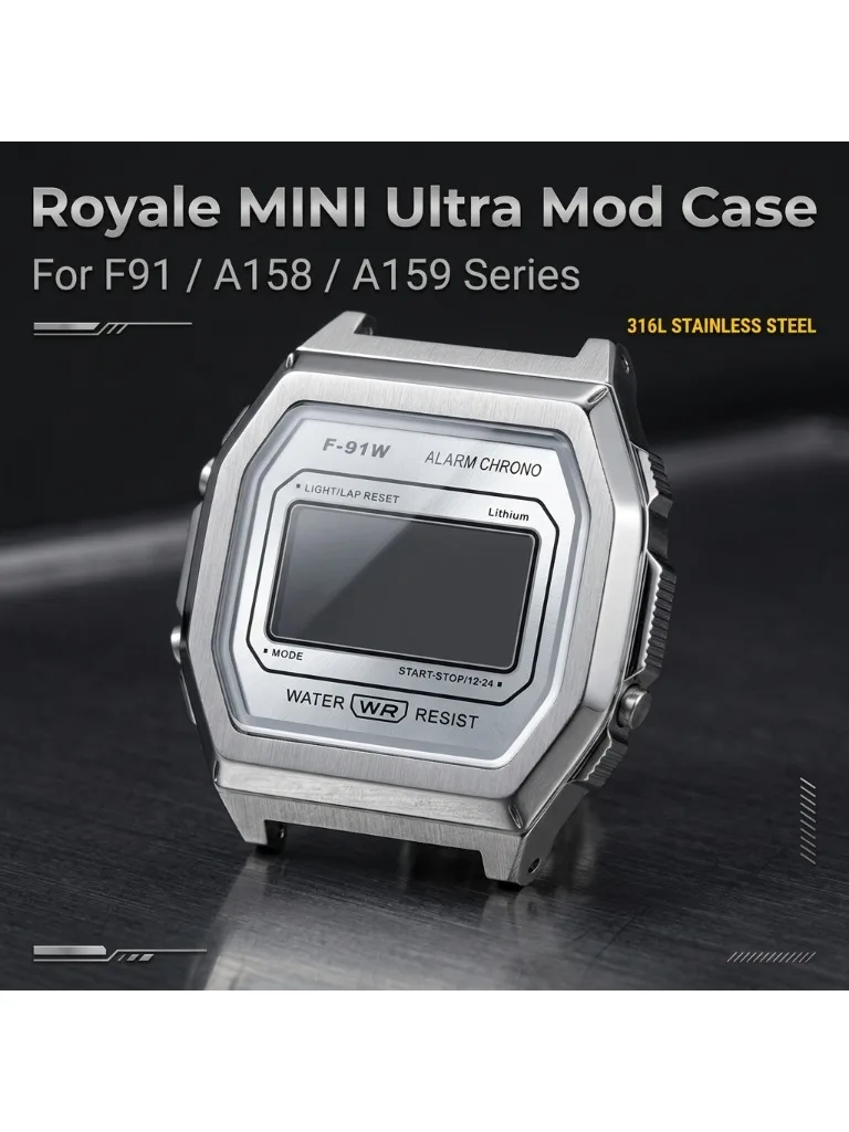 Royale Ultra Mod für CASIO F-91/A158/A159 Uhrengehäuse 316L Edelstahl K1 Mineral Poliert Gebürstetes Mattes Gehäuse Sunray Zifferblatt-Set