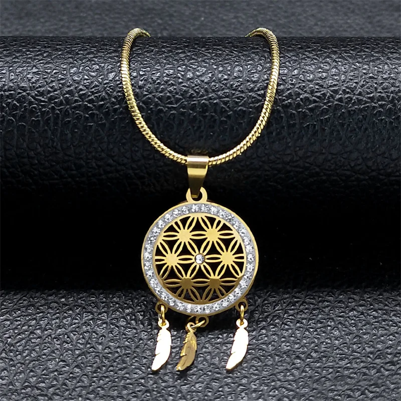 

Minimalist Dream Catcher Necklace Stainless Steel Gold Color Seed of Life Feather Tassel Necklaces Jewelry collares aesthetic