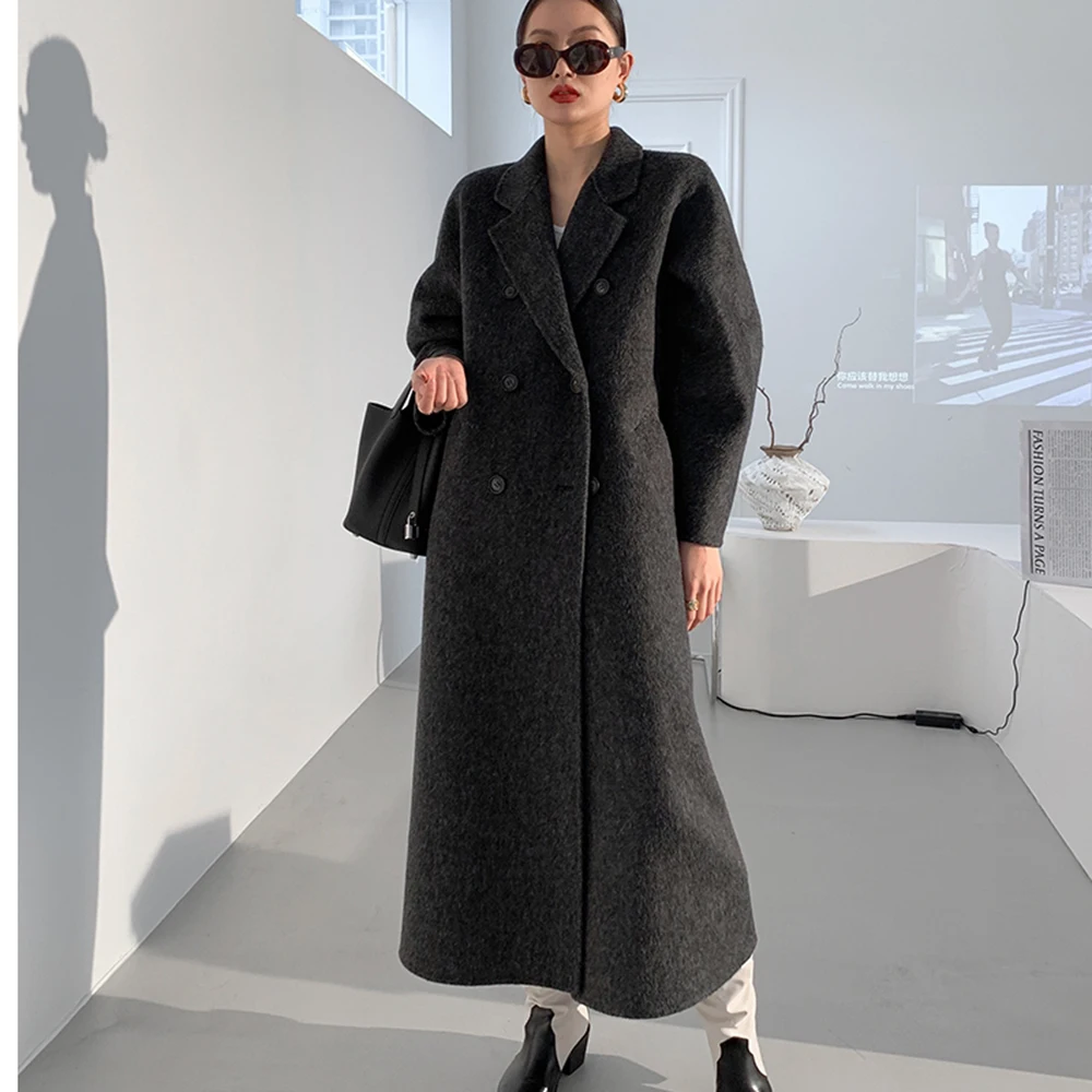 Alpaca Cashmere Overcoat Women X-Long Loose Double Sided Woolen Coat For Autumn Winter Hepburn Belt 2023 Brand New Dropshipping