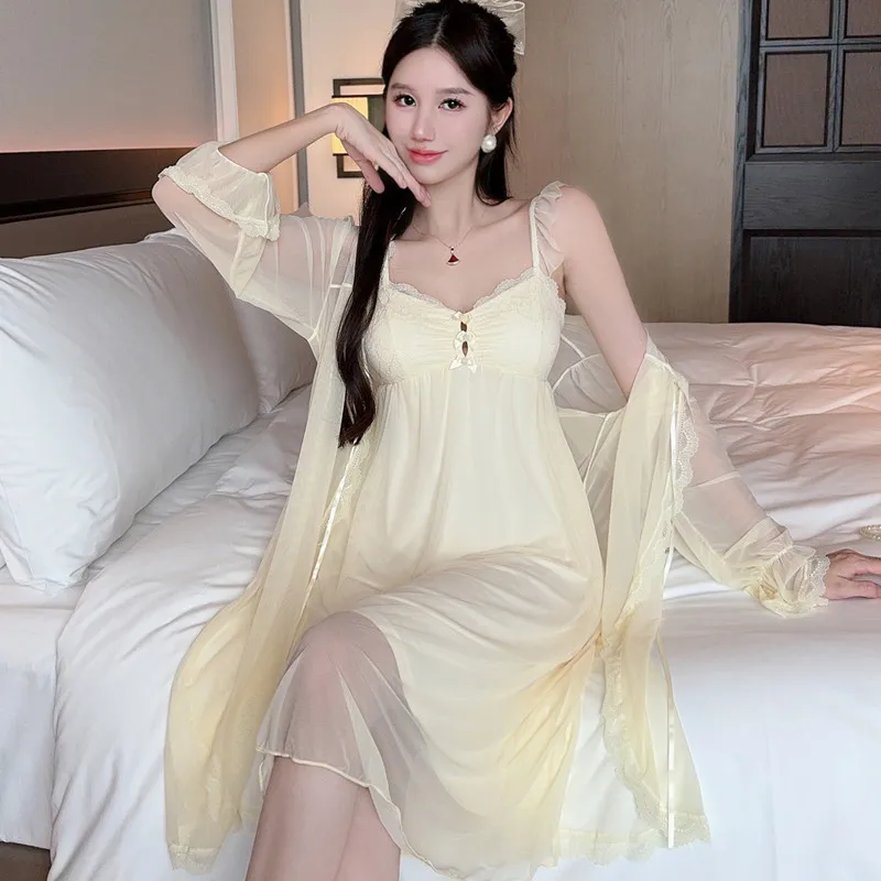 

Court Style 2PCS Robe Gown Suit Loungewear Women Mesh Lace Kimono Bathrobe Nightdress Sleep Set Summer Sleepwear Lingerie