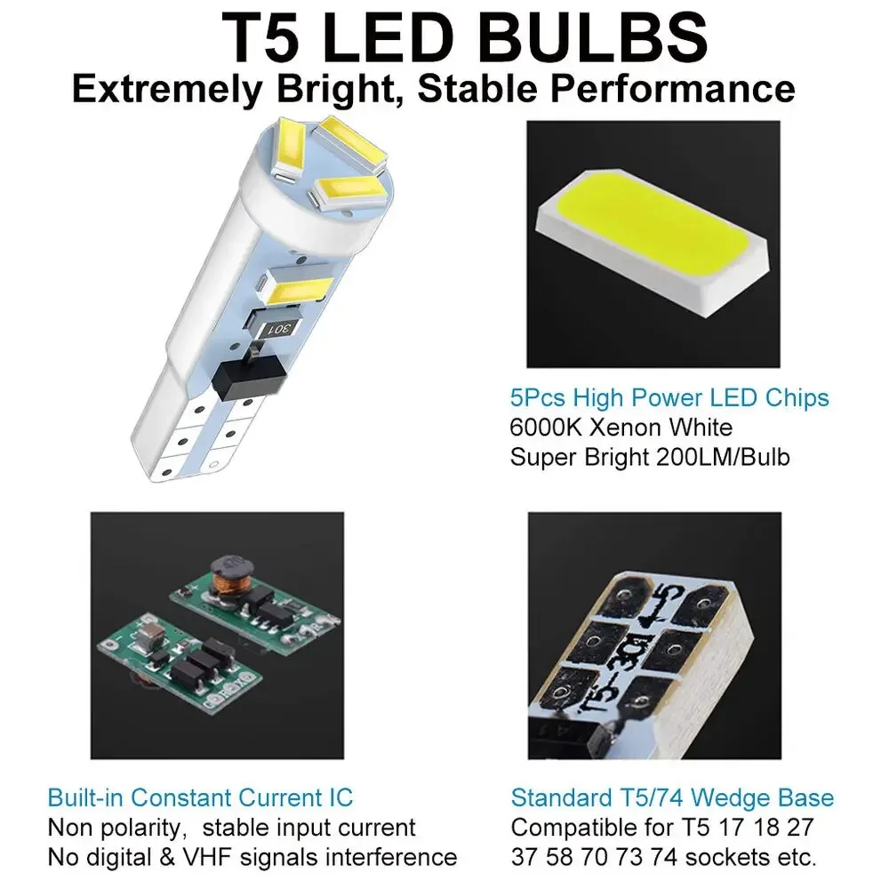 100 pieces Canbus Error Free T5 White LED Bulb 12V, Fits 37 74 2721 PC74 PC37, Car Dash Instrument Gauge Cluster Indicator Light