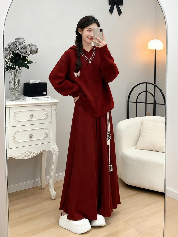 

Winter Fashion Korean Style Red Sweater Skirt Set plus Size Beautiful Ootd Complete Large Size Fat Mm Half Body Skirt Set