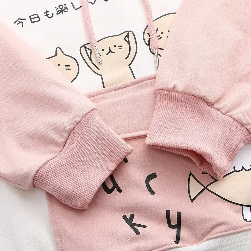 Women Harajuku Japanese Sweet Cute Cat Fish Hoodies Pink Kawaii Hooded Pullovers 2021 Spring Soft Streetwear Tops for Girls New