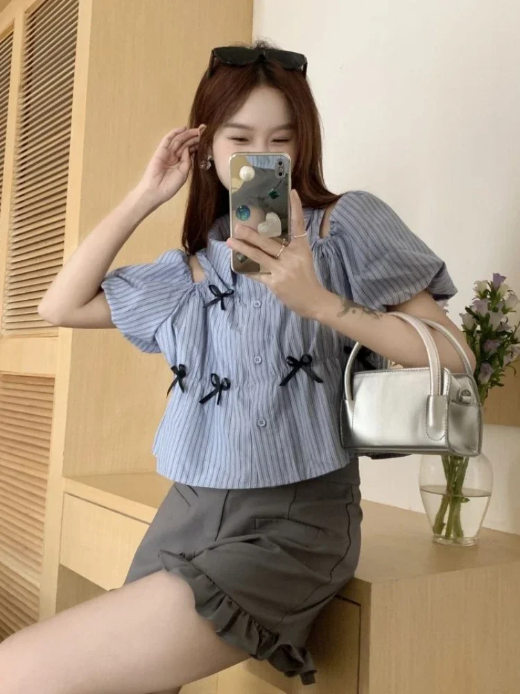 Multi-bow Kawaii Shirts Women Japan Style Summer Cute Blue Striped Ins Puff Sleeve Aesthetic Blusas Chic Y2k Schoolgirl Lovely