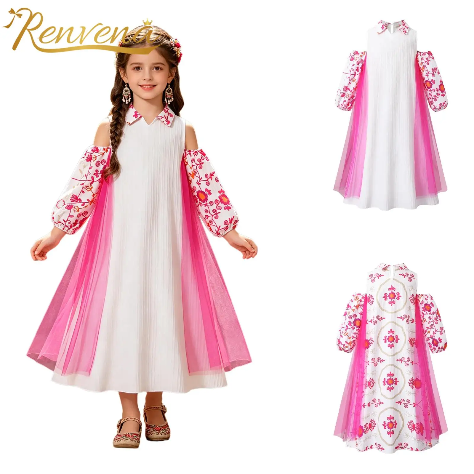 

Girl Long Sleeve Mesh Patchwork Islamic Children Clothing Middle East Dress Ethnic-style Long Dress Stage Performance Dance Wear