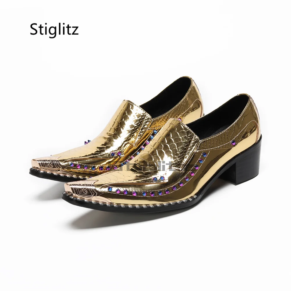 

Gold High Heels Rivets Men's Shoes Metal Pointed Toe Genuine Leather Slip On Handmade Gentleman Formal Busines Dress Shoes