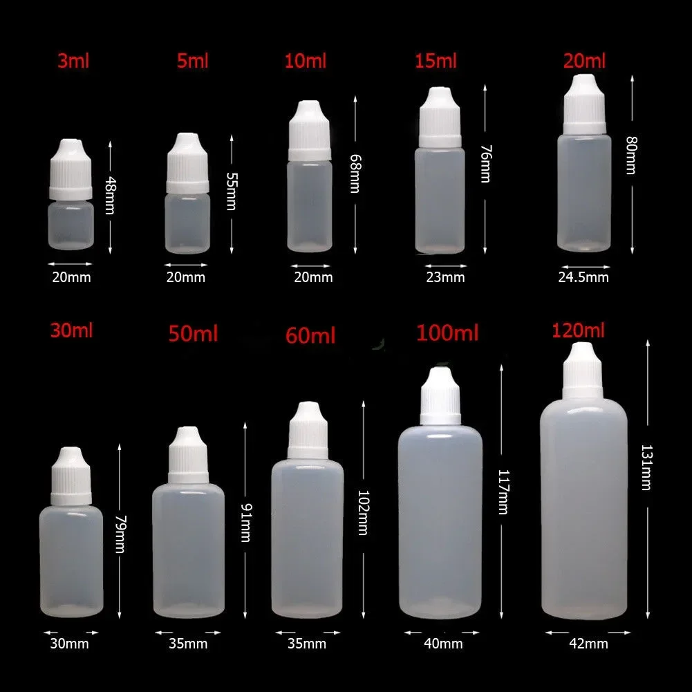 Eliquid vape 5 peças, 3/5/10/15/20/30/50/60/100/120ml, frascos conta-gotas plástico pe macio com tampa de segurança para crianças com 1 funil