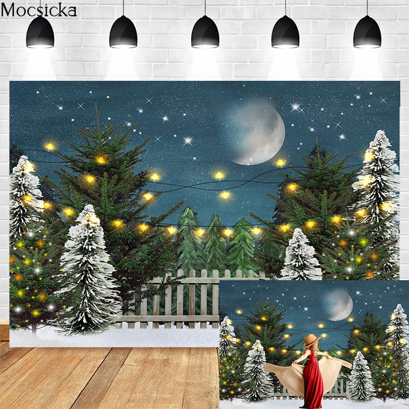 Mocsicka Winter Forest Photo Background Snow Scene Photo Christmas Tree Photography Backdrop Studio Photography Props