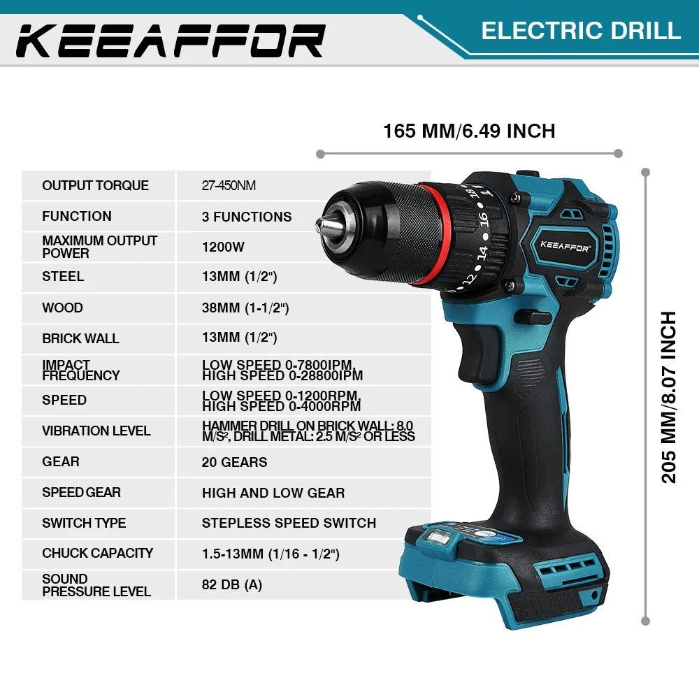 KEEAFFOR 1200W 450NM Brushless 20Gears Electric Torque Impact Drill Electric Screwdriver Cordless Tools For Makita 18v Battery