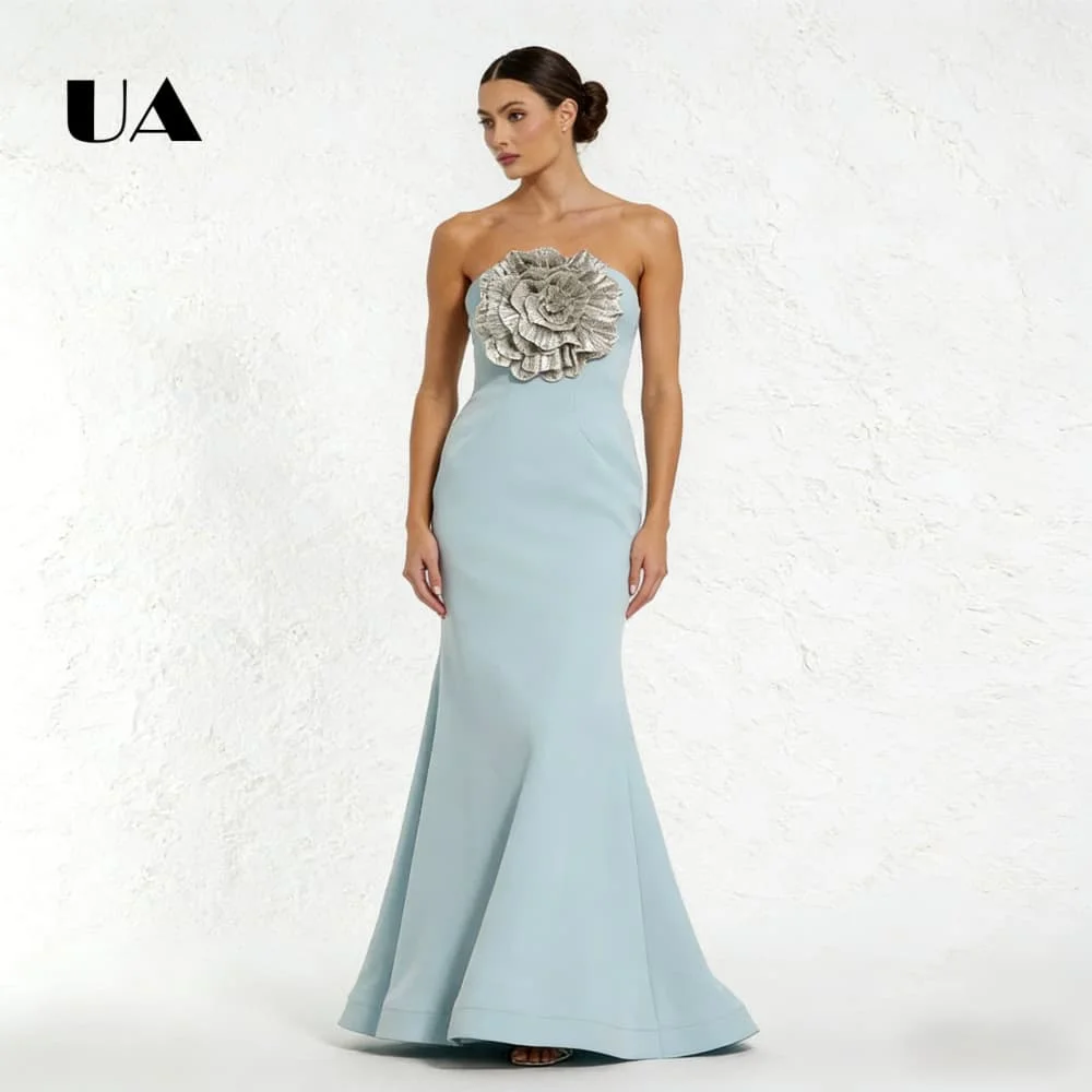 

Simple Mermaid Crepe Prom Dress, Modern Strapless Customized Party Gown, Solid Evening Dresses for Women 3D Rhinestone Flower