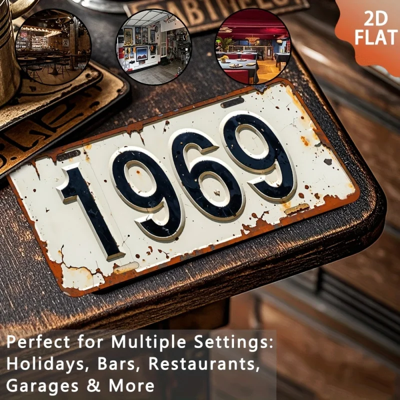 لافتة حائط معدنية 2D، قطعة واحدة عتيقة 1969 - فن ألومنيوم قديم مقاس 6 × 12 بوصة مع لمسة نهائية معدنية، ديكور بار منزلي ريفي #2