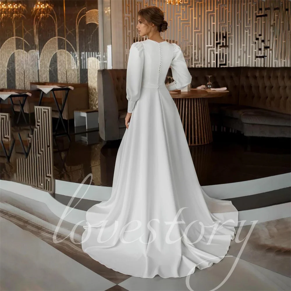 Eleganti abiti da sposa in raso A Line abiti da sposa Vintage con maniche A sbuffo abiti da sposa lunghi fino al pavimento abiti da sposa Vestidos De Novia