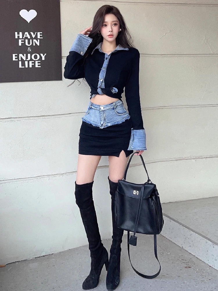 

Sexy Slim Fit Denim Set with Bell Sve Top And ter Skirt Tummy Control High Waist A-Line Midi Skirt for Young Women