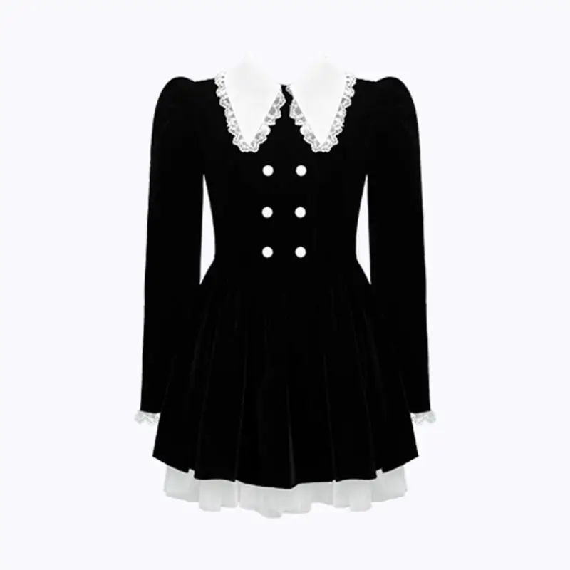 Patchwork Velvet Kawaii Sweet Dress Women Lace Korean Style Fashion Mini Dress Female Peter Pan Collar Vintage Elegant Dress New