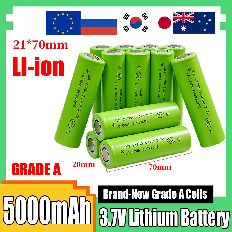 Batterie lithium-ion 21700 à dessus plat, 5000mAh, 3.7V, haute capacité, cellule rechargeable, décharge instantanée max 5C, pour outils électriques, vélos électriques