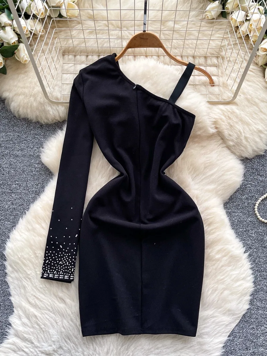 Foamlina menina high street chique indústria pesada fora do ombro suspender vestido de manga longa y2k quente diamante cintura vestidos apertados