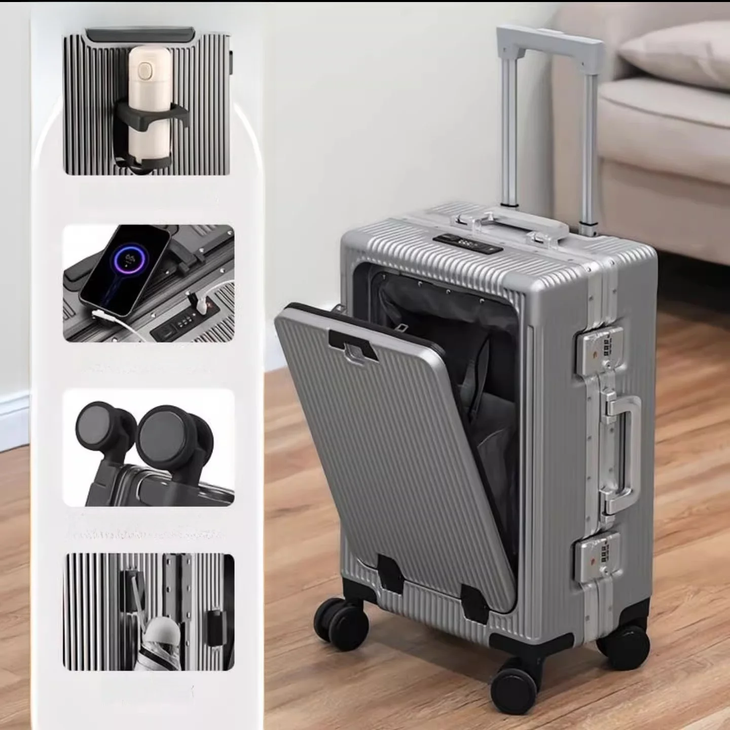 High-End Lightweight Lage Bag Multi-Function USB Front Opening Travel Suitcase with Pull Rod And Password Boarding Box