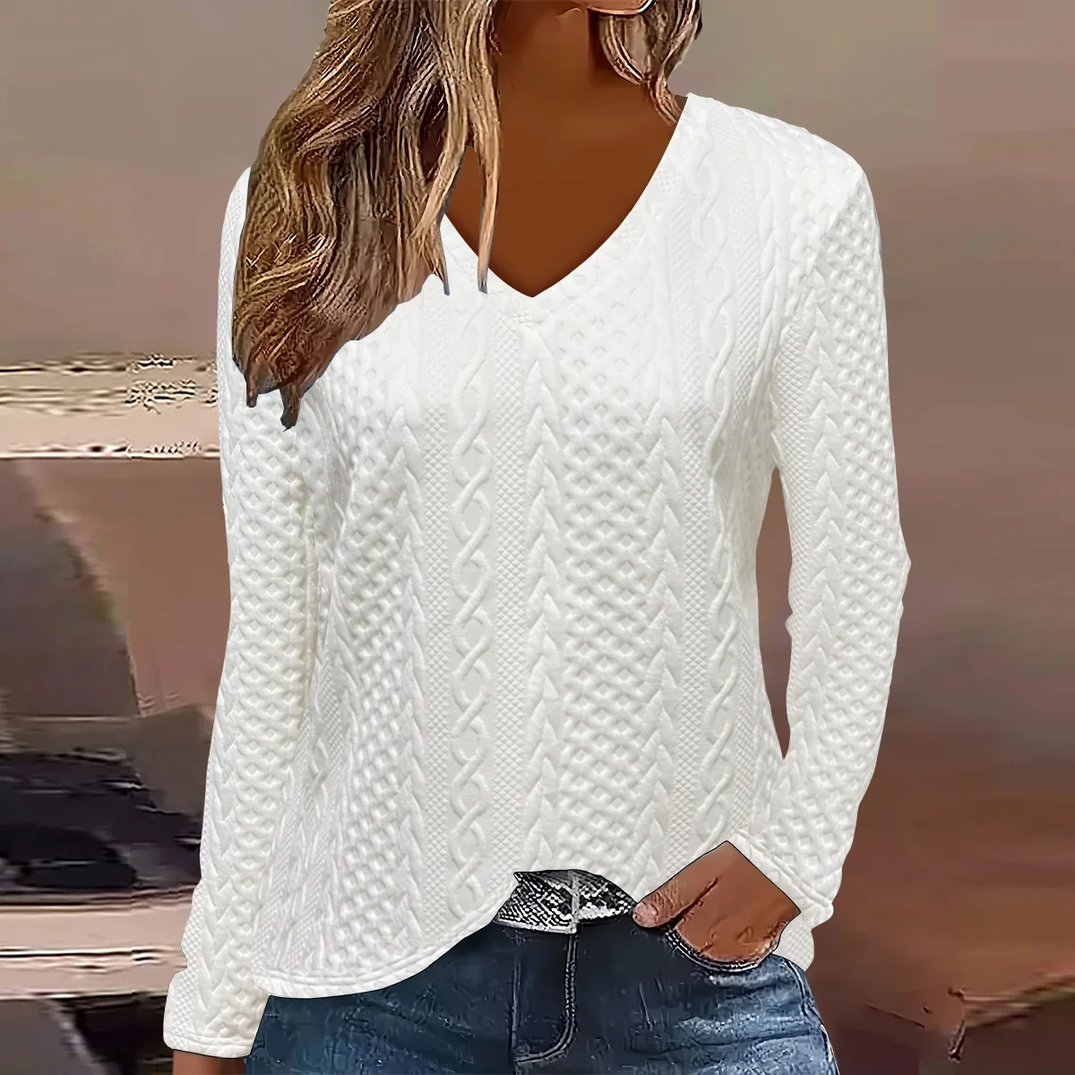 

2026 Европейские и американские модные женские осенние и зимние жаккардовые футболки с v-образным вырезом