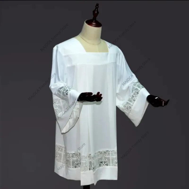 

Catholic Priest Surplice with Lace Cross Embroidery Square Neck Liturgical Alb Church Vestments Men Choir Robe Clergy Apparel