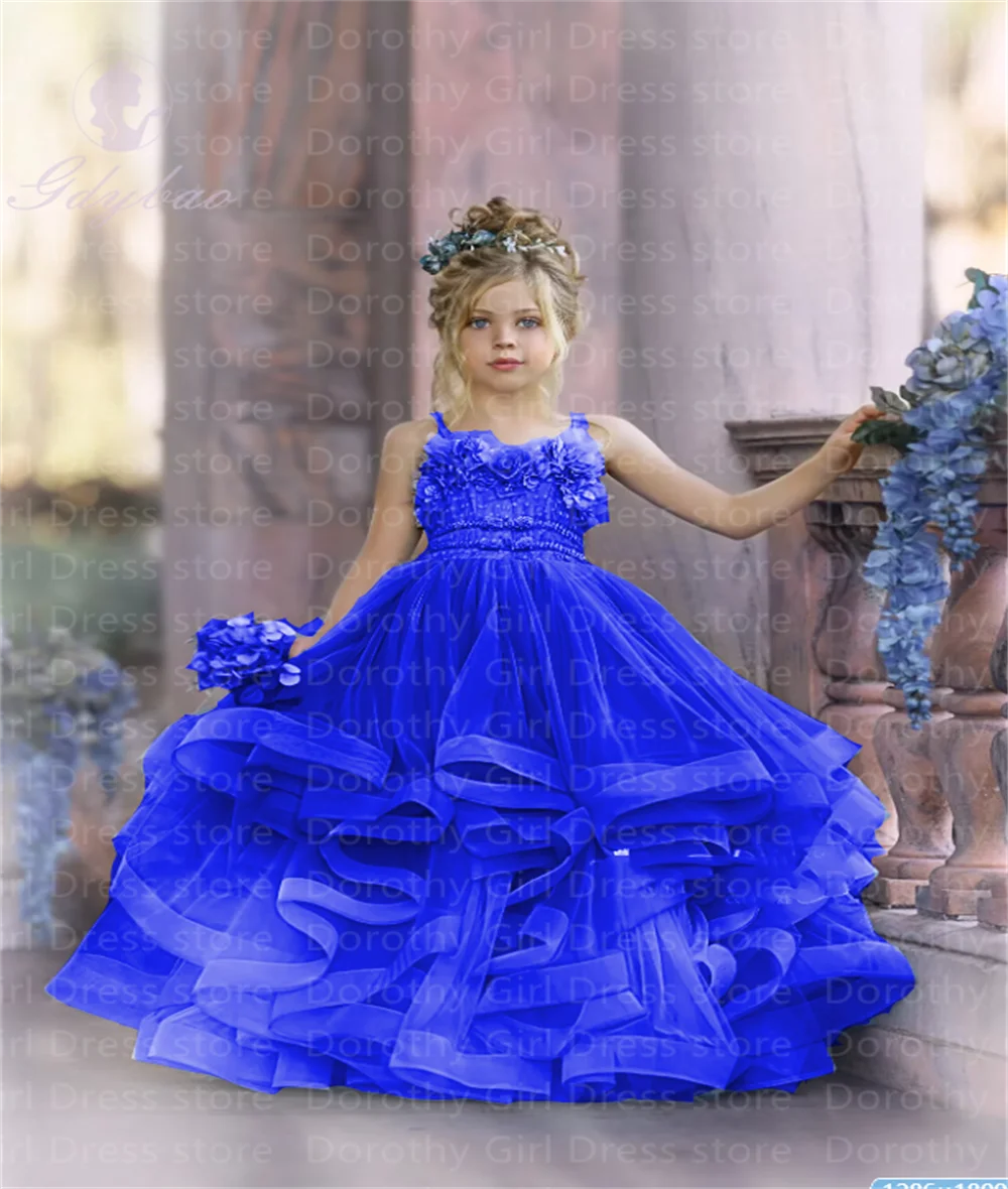 Customized Flower Girl Dress Spaghetti Straps Flowers Lace-up Gown Tiered Formal Party Children's Birthday Dresses