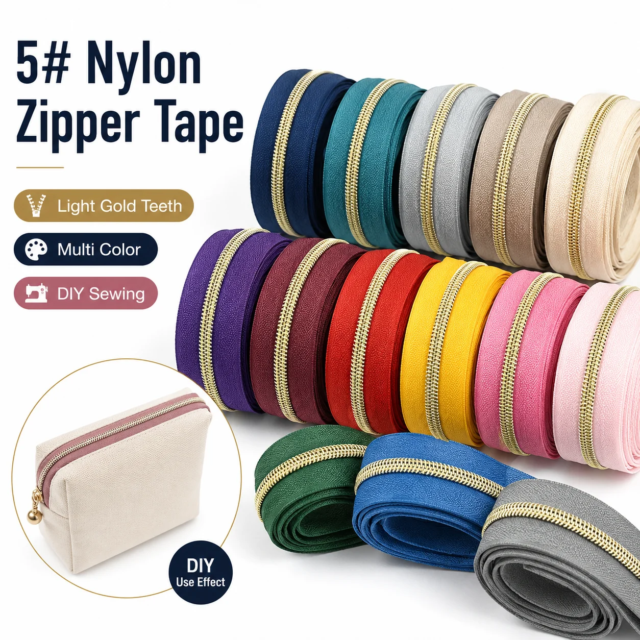 10-50Meters 5# Sewing Zipper Tape Nylon Light Gold Teeth Zip Roll By The Meter Bag Purse Luggage Zips DIY Repair Kit Accessories