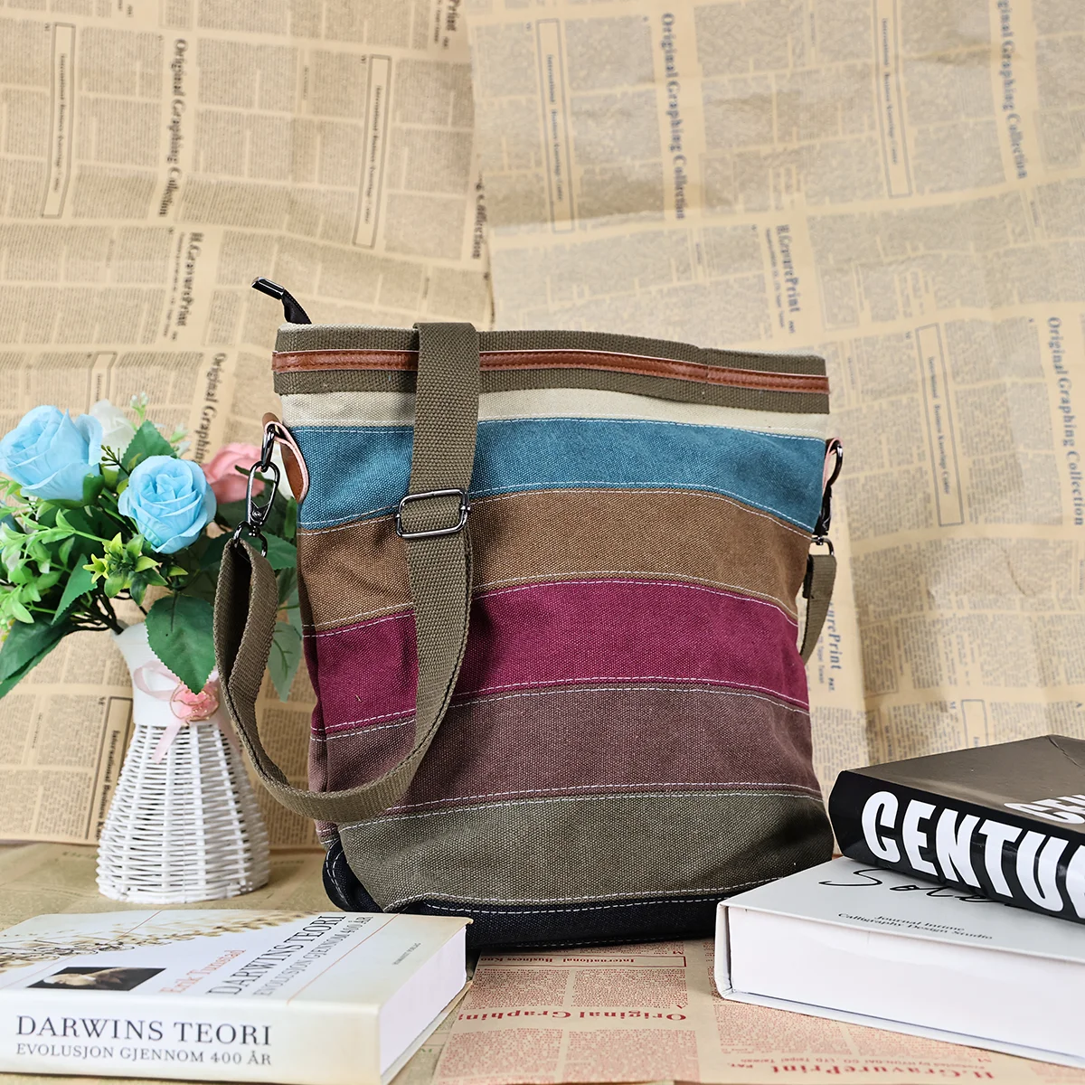 Women's Patchwork Handbag Versatile Contrast Color Striped Canvas Shoulder Crossbody Bag