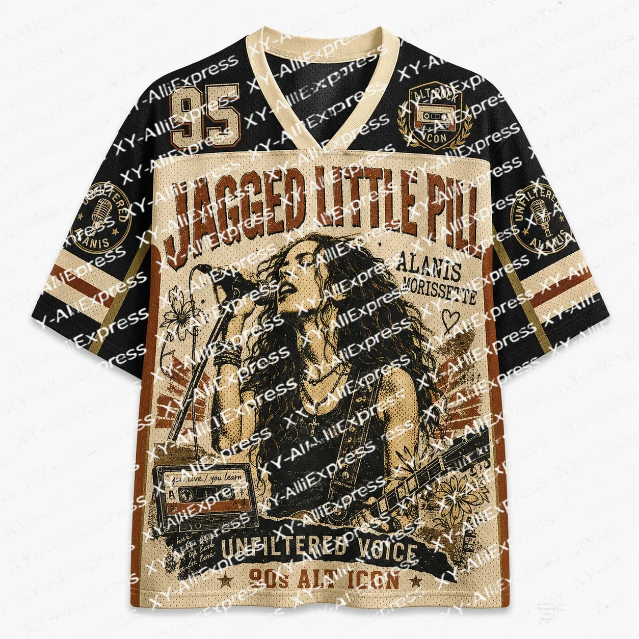 90s Alternative Rock Hockey Jersey Vintage Female Guitarist Tape Microphone Poster Pattern V-Neck Concert Street Style T-Shirt