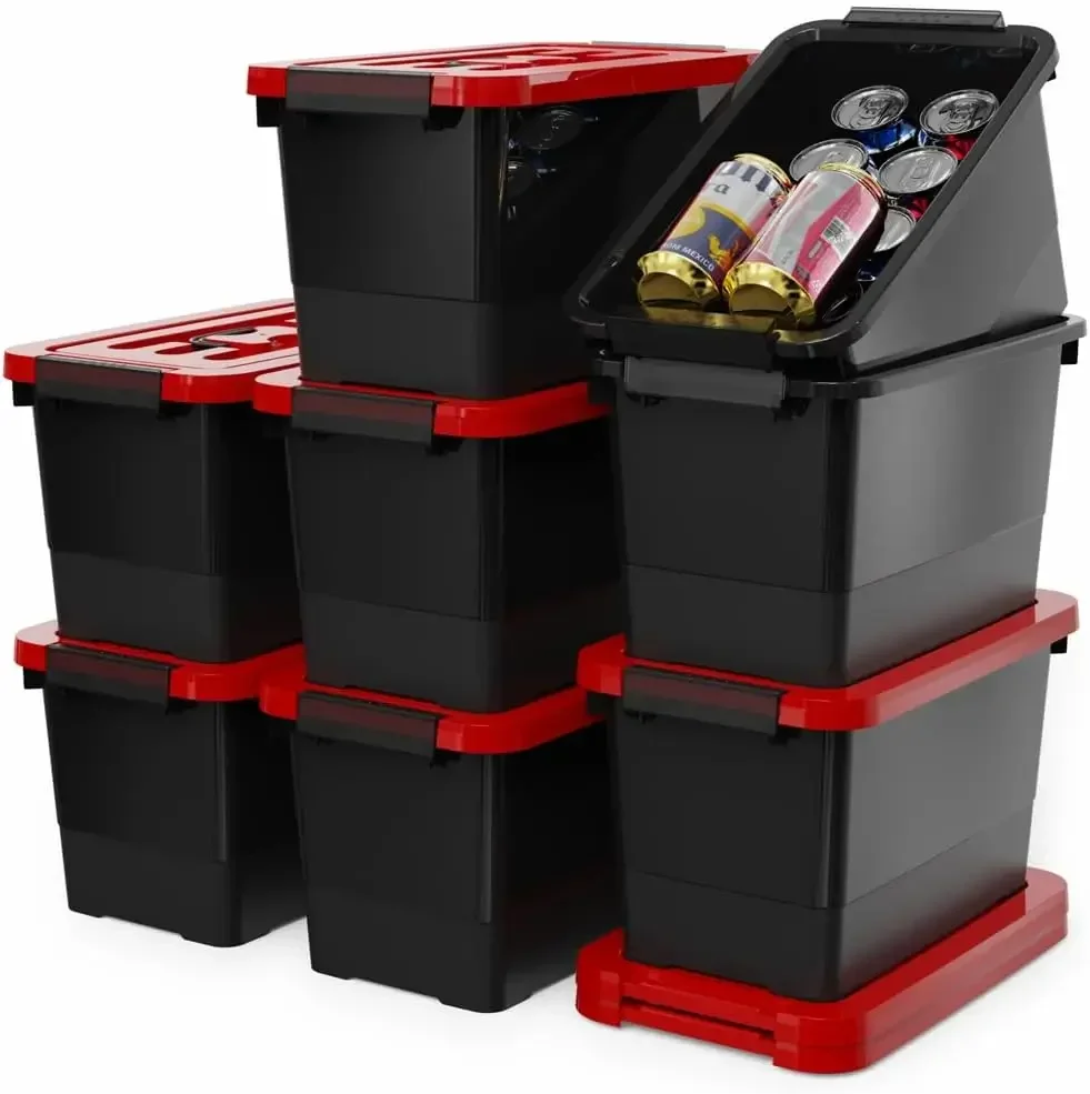 7 Quart Storage Bins W/ Lids & Latch, 8-Pack Stackable Plastic Organizing Box Durable Nestable Totes Containers (Black/Red)