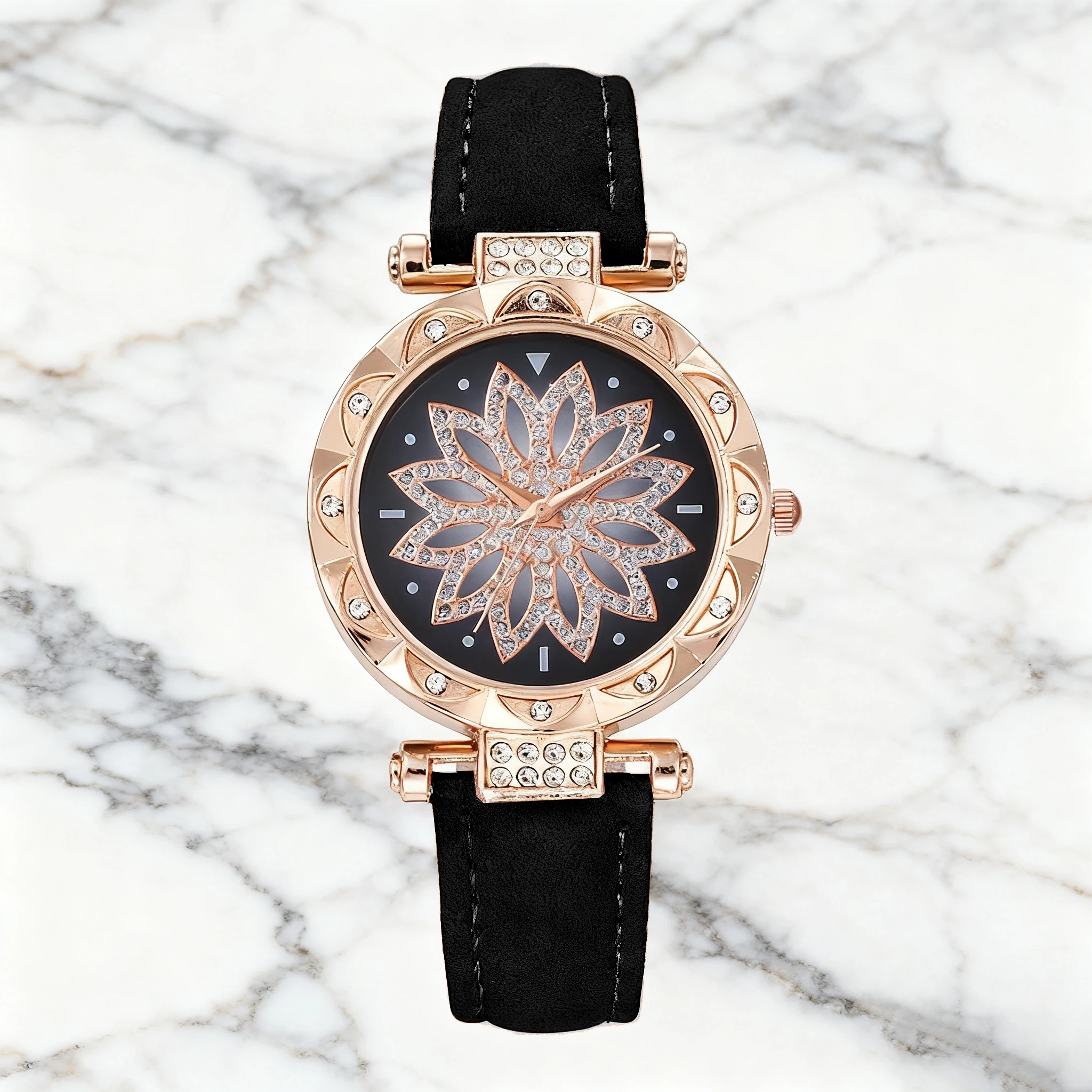 مجموعة ألماس فاخرة بنمط الزهور الخفيفة من Fashion Trend للنساء مجموعة سوار ساعة كوارتز مكونة من 6 قطع، مناسبة لعيد الميلاد والشكر