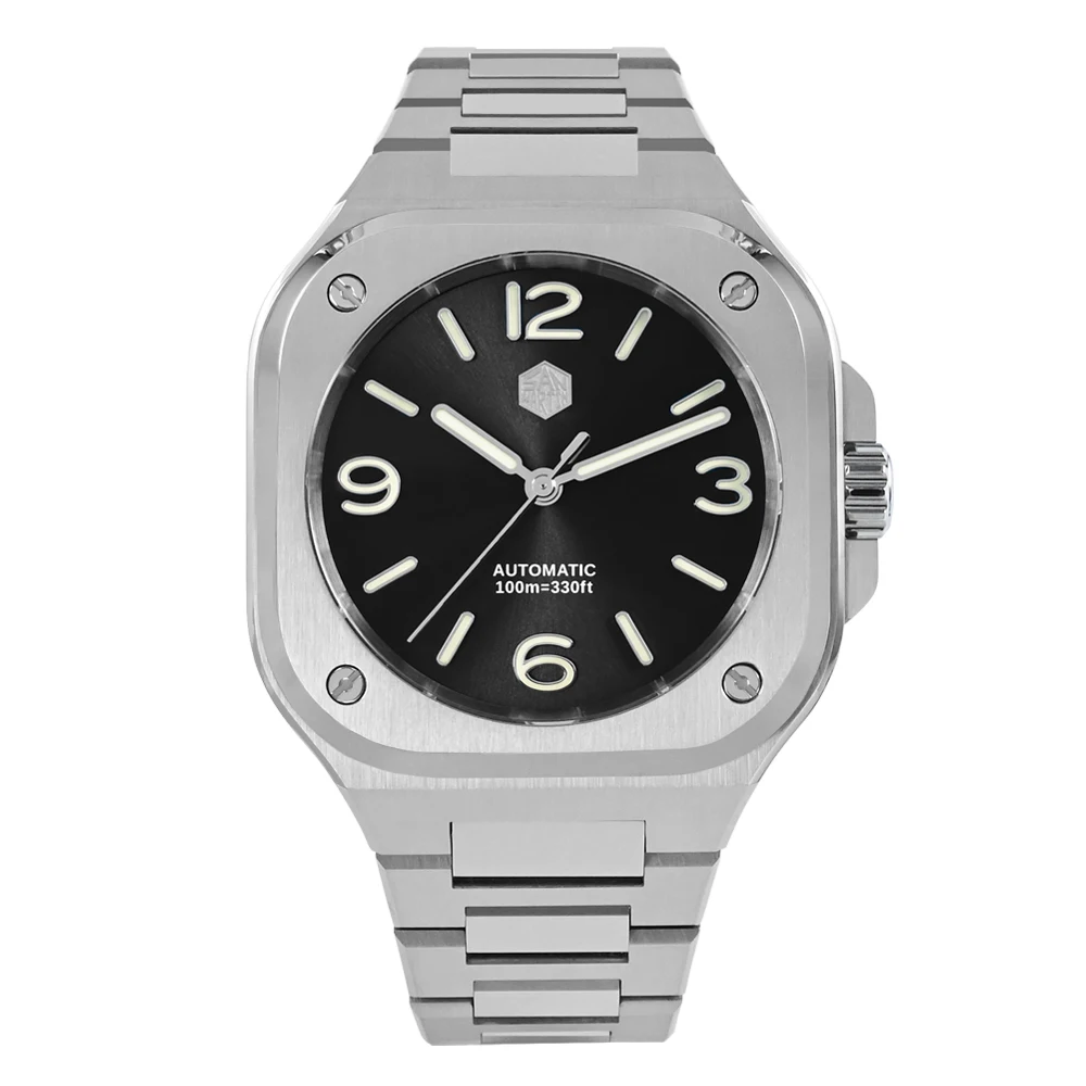 San Martin 40 mm klassische Luxus-Sportuhr, markantes quadratisches Gehäuse, Edelstahl-Herrenuhr, automatisch, mechanisch, 10 Bar, SN0074 5