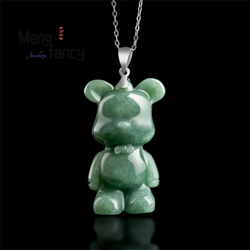 S925 Silver Inlaid Natural A-goods Jadeite Bear Cute Pendant Exquisite Luxury Quality Fashion Jewelry Best Selling Holiday Gift