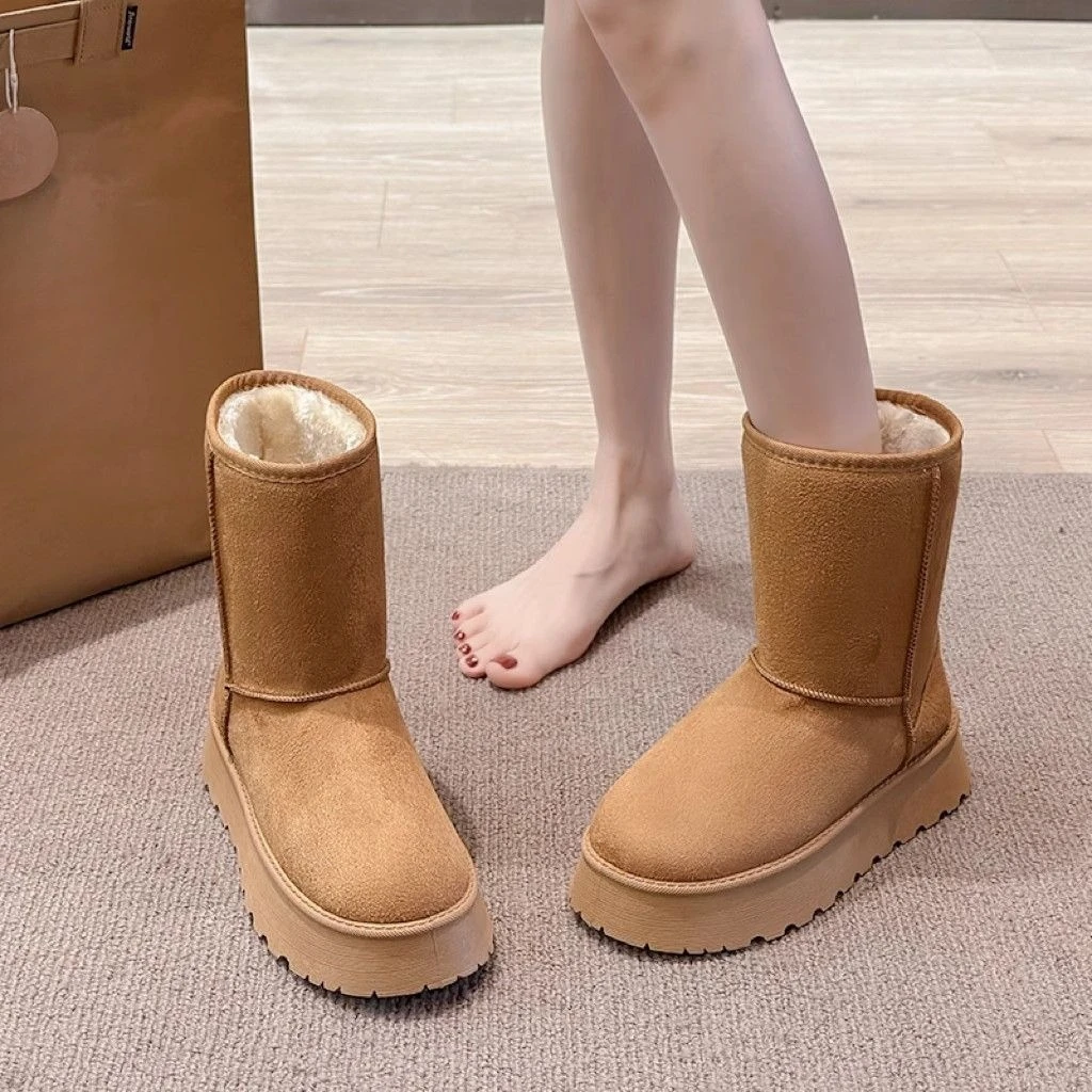 2026 Women Winter Thick Sole Snow Boots Warm Fur Lined High Mid Calf Cotton Shoes