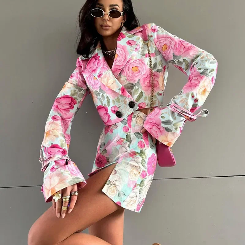 Printed Fashion Skirt Set Female Lapel Long Sleeve Short Cardigan High Waist Mini Skirt Two Piece Set Commuting Elegant