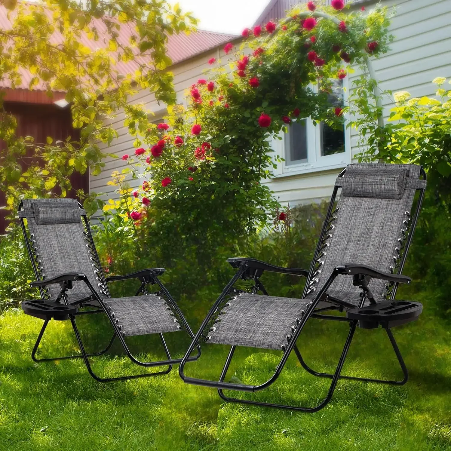 Set of 2 Relaxing Recliners Patio Chairs Adjustable Steel Mesh Zero Gravity Lounge Chair Beach Chairs with Pillow and Cu