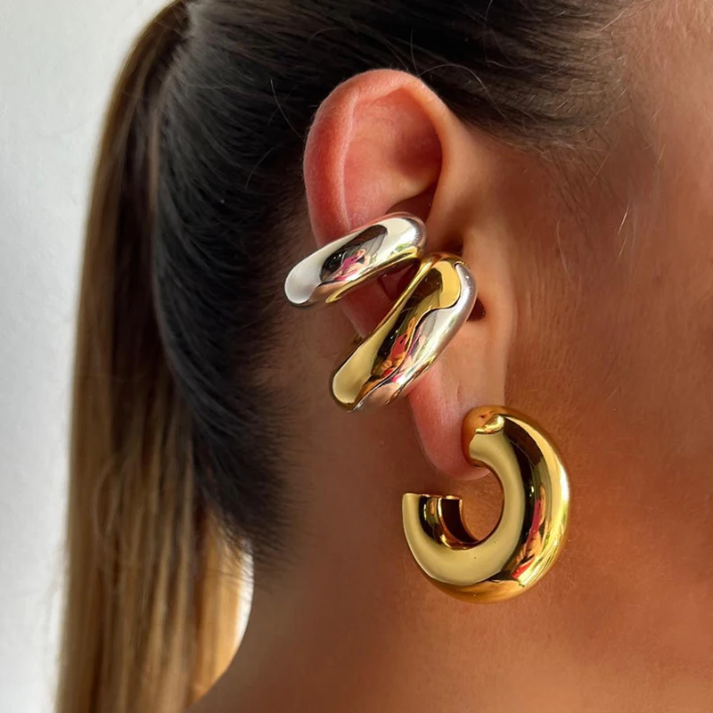 Punk Gold Plated Stainless Steel Chunky Ear Cuff Clip Earrings for Women Exaggerated Thick Round Circle Ear Clip Jewelry Gift